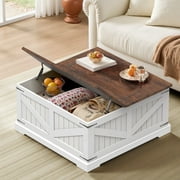 Spanspace Farmhouse Coffee Table with Storage, 31.5" Square Center Table with Dual Flip-Top Lids and Hidden Compartment, Rustic Wood Coffee Table for Living Room, Bedroom, Home Office, White
