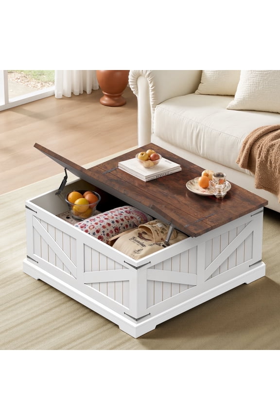 Farmhouse Coffee Table with Storage, 31.5" Square Center Table with Dual Flip-Top Lids and Hidden Compartment, Rustic Wood Coffee Table for Living Room, Bedroom, Home Office, White
