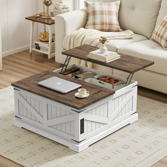 Spanspace Farmhouse Lift Top Coffee Table with Storage, 35.5" Square Center Table with Charging Station & USB Ports, Hidden Compartment for Living Room, Bedroom, or Home Office, White