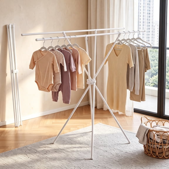 Spanspace Folding Clothes Drying Rack, 53" Heavy-Duty X-Frame Laundry Rack, 47.2" Tall Collapsible Garment Rack, 100 lbs Capacity, Indoor Outdoor Use, White