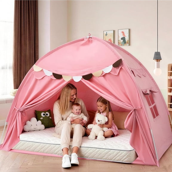 Spanspace Kids Bed Tent, Twin Size Beds Tent Canopy for Bunk Bed or Toddler Bed Indoor, Privacy Playhouse with Mesh Windows, Flags, Star Lights, for Birthday Gift, Pink