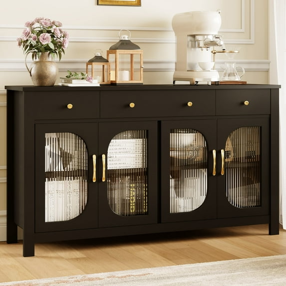 Spanspace Sideboard Buffet Cabinet with Storage, Large 55" Wide Kitchen & Dining Cabinet with 3 Drawers and 4 Glass Doors, Black Modern Sideboard for Dining Room, Living Room, or Coffee Bar, Black