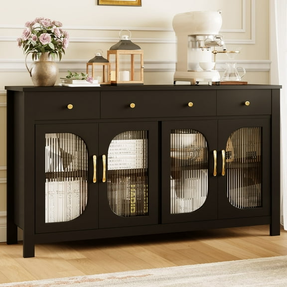 Spanspace Sideboard Buffet Cabinet with Storage, Large 55" Wide Kitchen & Dining Cabinet with 3 Drawers and 4 Glass Doors, Black Modern Sideboard for Dining Room, Living Room, or Coffee Bar, Black