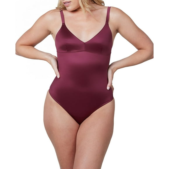 Shaping Satin Thong Bodysuit 10322R - Sangria, Size 3X