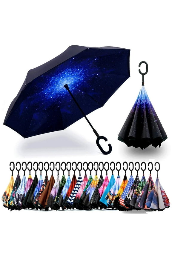 Spar. Saa Double Layer Inverted Umbrella with C Shaped Handle, Anti UV Waterproof Windproof Straight Umbrella for Car Rain Outdoor Use