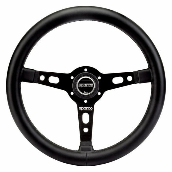 Sparco 015TARGA350PLNR Steering Wheel - Targa 350 - 350 mm Diameter - 3-Spoke - 65 mm Dish - Black Leather Grip - Aluminum - Black Anodized