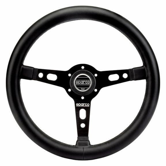 Sparco 015TARGA350PLNR Steering Wheel - Targa 350 - 350 mm Diameter - 3-Spoke - 65 mm Dish - Black Leather Grip - Aluminum - Black Anodized