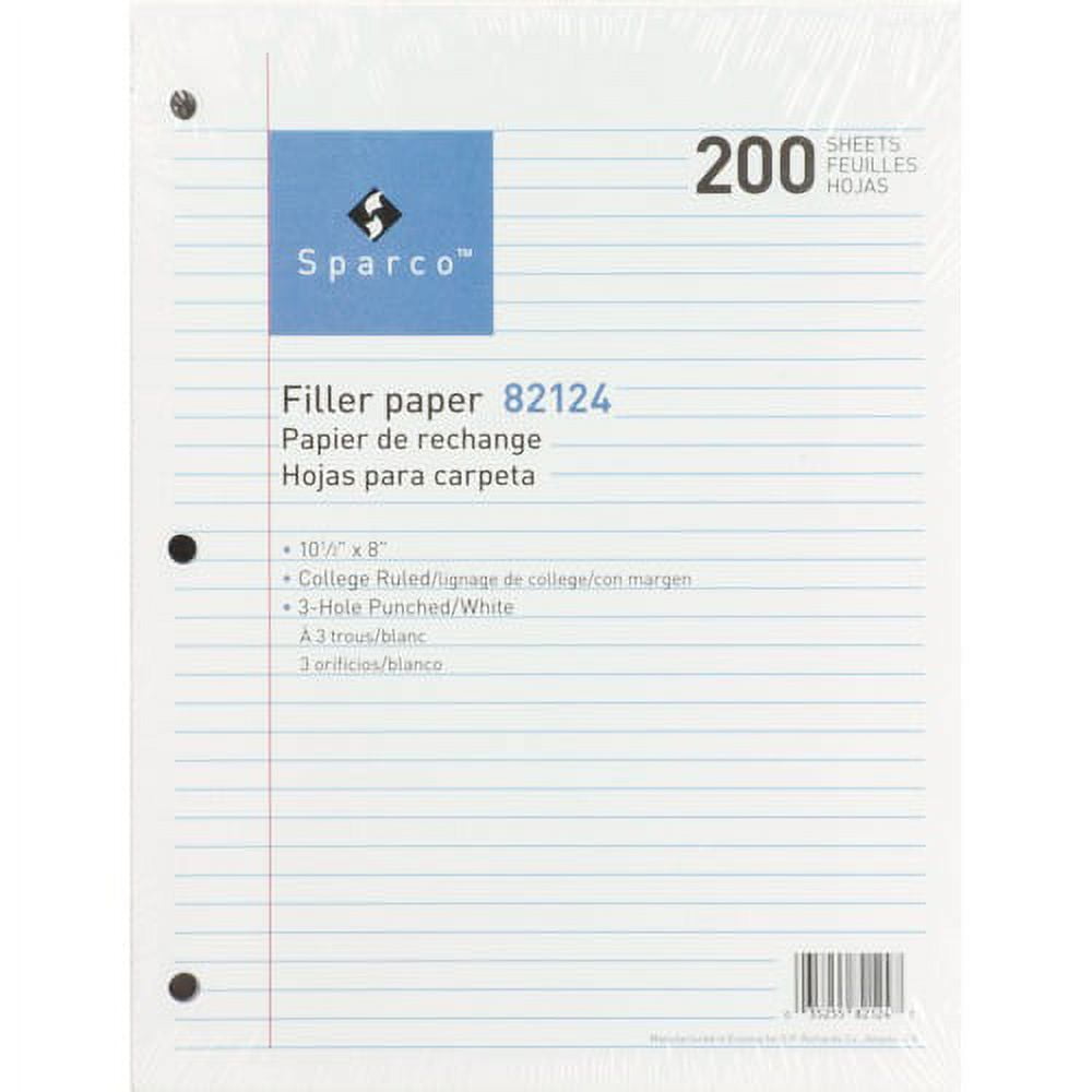 Sparco 3-hole Punched Filler Paper - 200 Sheets - College Ruled - Ruled Red Margin - 16 lb Basis Weight - 8 Sparco 3-hole Punched Filler Paper - 200 Sheets - College Ruled - Ruled Red Margin - 16 lb Basis Weight - 8