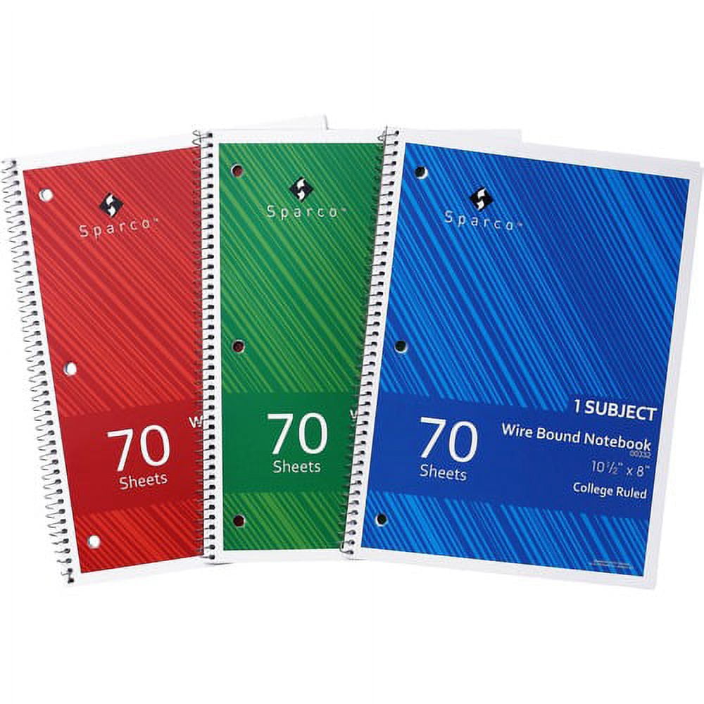 Sparco College Ruled Wire-bound Notebook - Wire Bound - 3 Hole(s) - 0.25" x 8"10.5" - Stiff-cover, Stiff-back, Perforated - 3 / Pack | Bundle of 10 Packs