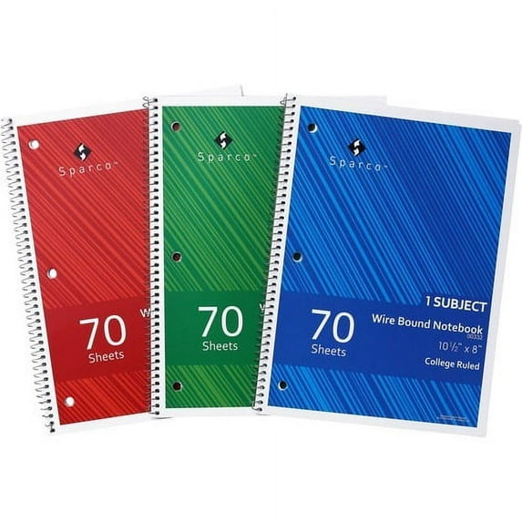 Sparco College Ruled Wire-bound Notebook Wire Bound - 3 Hole(s) - 0.3" x 8"10.5" - Stiff-cover, Stiff-back, Perforated - 3 / Pack
