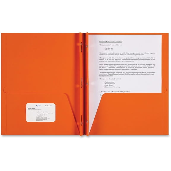 Sparco Letter Pocket Folder - 8 1/2" x 11" - 3 x Double Prong Fastener(s) - 2 Internal Pocket(s) - Leatherette Paper - Orange - 25 / Box | Bundle of 5