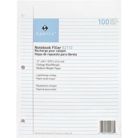 Sparco Notebook Filler Paper - Letter - 100 Sheets - Ruled Red Margin - 16 lb Basis Weight - 8 1/2" x 11" - White Paper - Subject - 100 / Pack | Bundle of 10 Packs