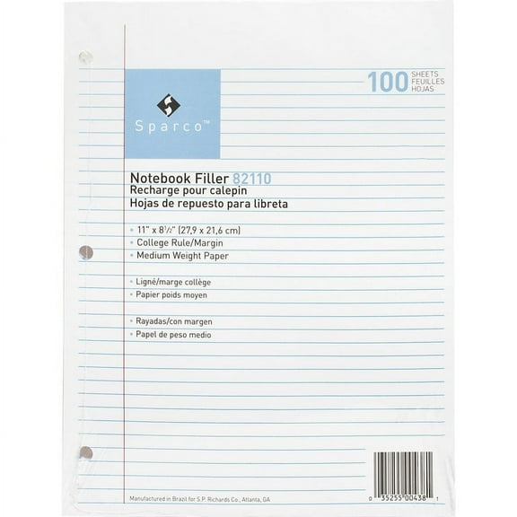 Sparco Notebook Filler Paper - Letter - 100 Sheets - Ruled Red Margin - 16 lb Basis Weight - 8 1/2" x 11" - White Paper - Subject - 100 / Pack | Bundle of 5 Packs