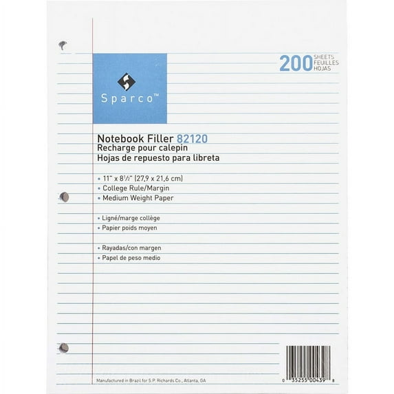 Sparco Notebook Filler Paper - Letter - 200 Sheets - Ruled Red Margin - 16 lb Basis Weight - 8 1/2" x 11" - White Paper -Bundle of 2 Packs