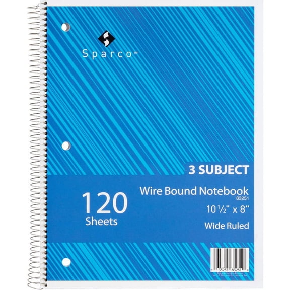 Sparco Quality Wirebound Wide Ruled Notebooks - 120 Sheets - Wire Bound - Wide Ruled - Unruled - 16 lb Basis Weight - 8" x 10 1/2" - Bright White Pape | Bundle of 2 Each