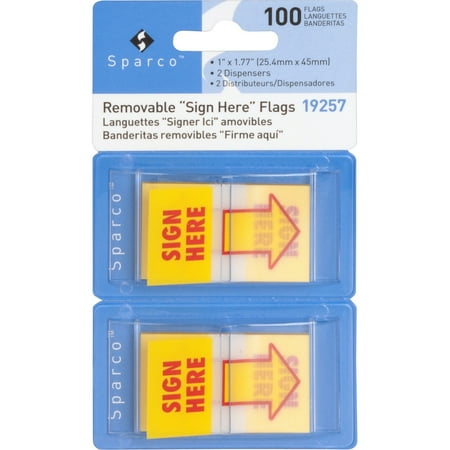 Sparco, SPR19257, Pop-Up Sign Here Flags in Dispenser, 2 per Pack, Yellow