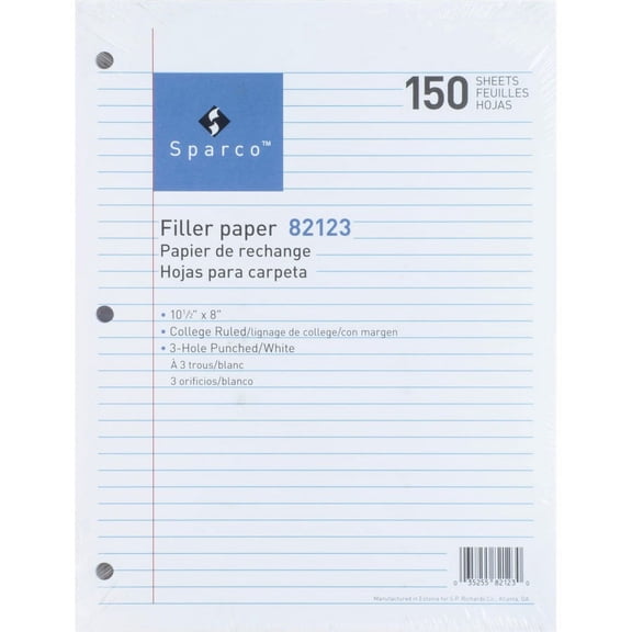 Sparco Standard White 3HP Filler Paper - 150 Sheets - College Ruled - Ruled Red Margin - 16 lb Basis Weight - 8" x 10 1/2" - White Paper - Bleed-free | Bundle of 2 Packs