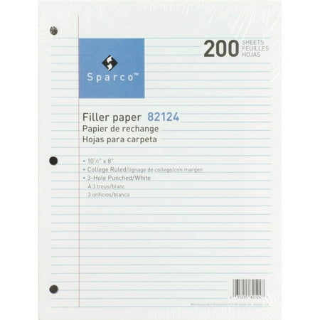Sparco Standard White 3HP Filler Paper - 200 Sheets - College Ruled - Ruled Red Margin - 16 lb Basis Weight - 8" x 10 1/2" - White Paper - Bleed-free - 200 / Pack | Bundle of 5