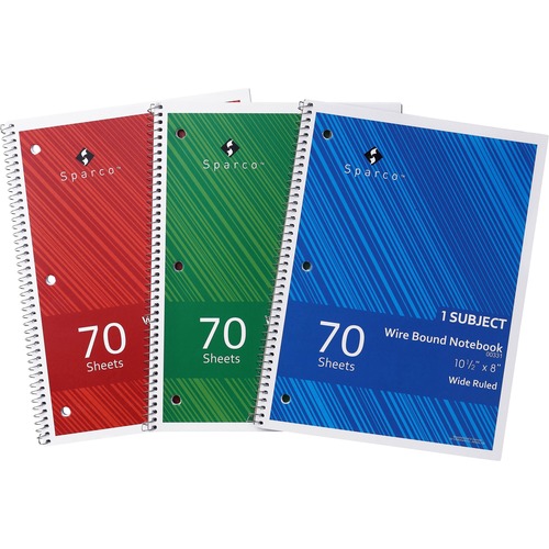 Sparco Wide Ruled Wire-bound Notebook - Wire Bound - 3 Hole(s) - 0.25" x 8"10.5" - Stiff-cover, Stiff-back, Perforated - 3 / Pack | Bundle of 10 Packs
