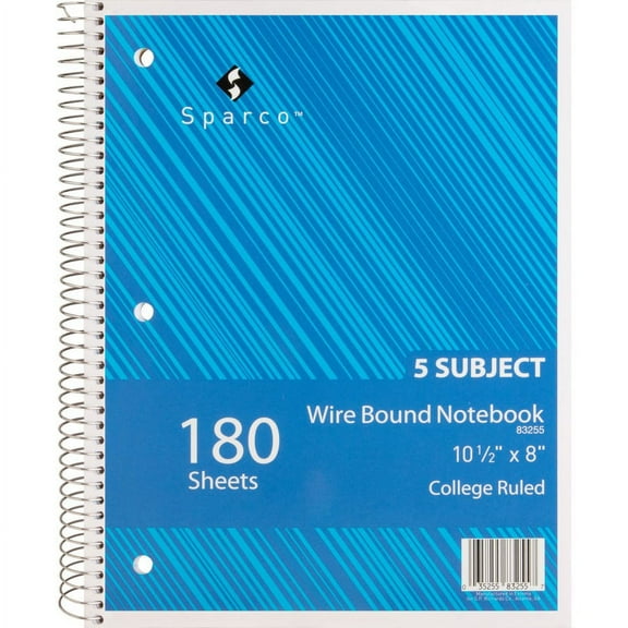 Sparco Wirebound College Ruled Notebooks - 180 Sheets - Wire Bound - College Ruled - Unruled - 8" x 10 1/2" - Assorted Paper - Assorted Cover - Chipboard Cover - Resist Bleed-through, Subject, Stiff-b