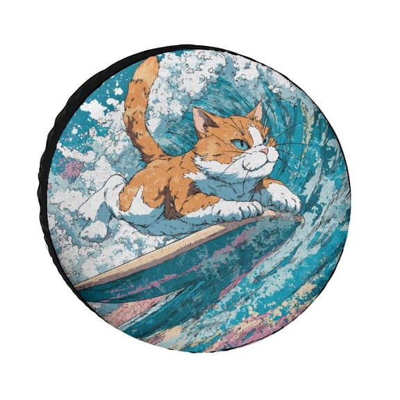 Spare Tire Cover 12inch Cat Surfing on Top of A Wave Polyester Universal Spare Wheel Tire Cover Wheel Covers Cute Animal Cat for Camper Travel Trailer SUV Truck