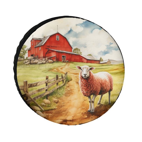 Spare Tire Cover 12inch Farm Sheep Walks By A Red Barn Wheel Protectors Weatherproof Animal Lovers for Camper Travel Trailer SUV Truck Fits Tire for Trailer RV SUV and Many Vehicle