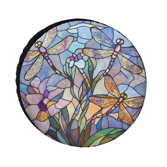 Spare Tire Cover 15inch Spring Summer Dragonfly Glass Style Flowers Wheel Protectors Weatherproof Wheel Covers Retro Style Spring Fit for Trailers SUV Off-Road Vehicle Camper And Trucks