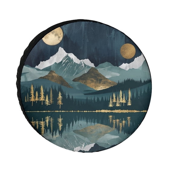 Spare Tire Cover Illustration of Mountains, Trees And Lake in The Moonlight Wheel Protectors Weatherproof Boho Mountain Sun Landscape Tire Cover for Camper Trailer Truck SUV Universal 13 Inch