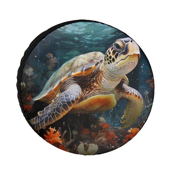 Spare Tire Cover Oil Painting of A Sea Turtle with Coral And Sea Shells Wheel Protectors Weatherproof Sea Turtle Swimming Fantastic Seaworld Tire Cover Fit for SUV Truck Travel Trailer 12inch
