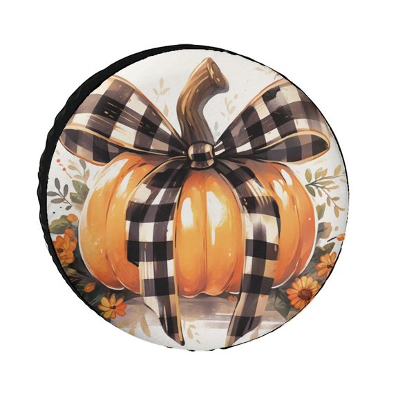 Spare Tire Cover Plaid Welcome Pumpkin Wheel Protectors Tyre Covers Weatherproof Wheel Covers Seasonal Thanksgiving Tire Cover for Camper Trailer Truck SUV Universal 14inch