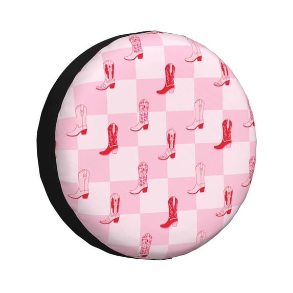 Spare Tire Cover, Retro pink Cowgirl boots checkerboard Wheel Cover Tire Covers for Trailers Car Truck Camper Universal Tire Covering Fits Diameter 17 inch