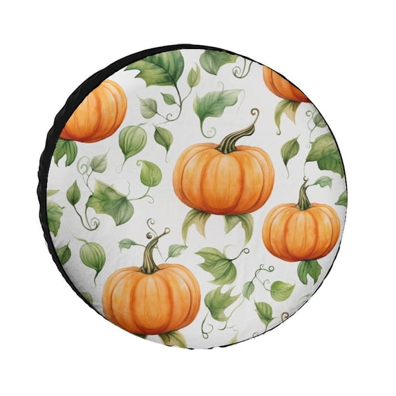 Spare Tire Cover Watercolor Orange Pumpkins Green Leaves Wheel Protectors Tire Covers Weatherproof Wheel Covers Autumn Thanksgiving Day Tire Cover for Camper Travel Trailer SUV Truck 14inch