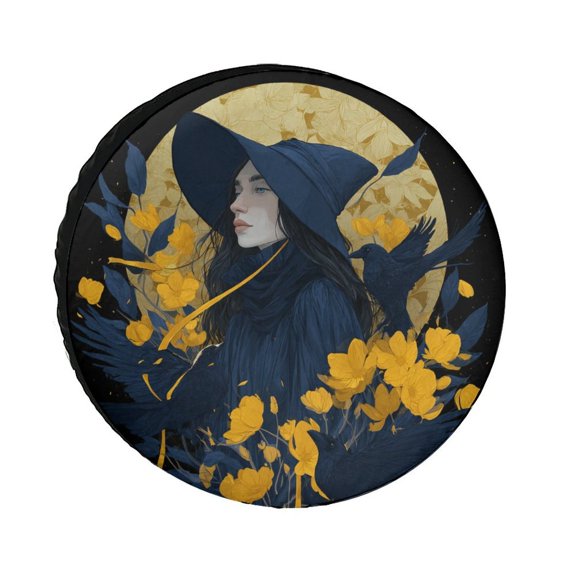 Spare Tire Cover Witch Black Crows And Flowers Waterproof Sun Protection Halloween Crow Tire Cover for Camper Truck Travel Trailer 15inch