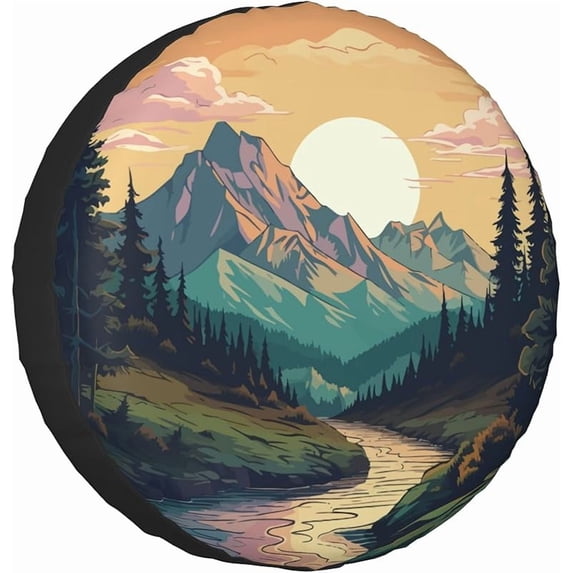 Spare Tire Cover for RV Camper Trailer Mountains Forest Nature Sunset Scenery, Weatherproof Universal Wheel Cover for RV Travel Trailer Camper Truck