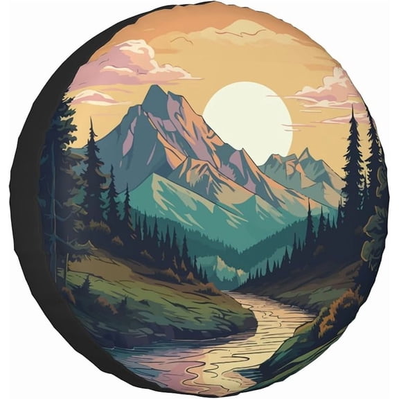 Spare Tire Cover for RV Camper Trailer Mountains Forest Nature Sunset Scenery, Weatherproof Universal Wheel Cover for RV Travel Trailer Camper Truck