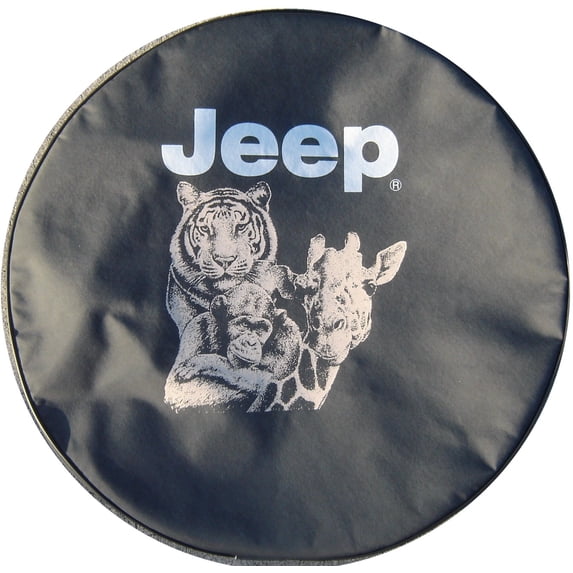 SpareCover - Brawny Series - Jeep Logo with Monkey Collage on 33" tall Denim Textured Vinyl - Heavy Duty - Tire Cover - made in USA only