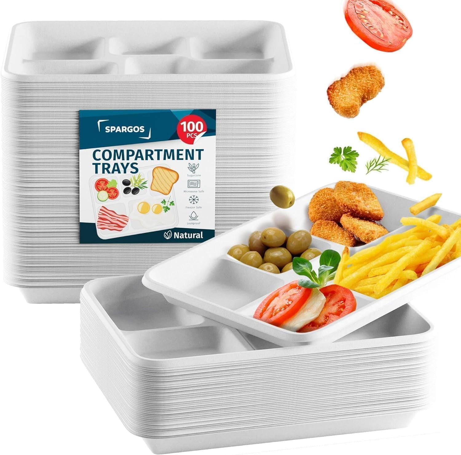 Spargos 5 Compartment Paper Plates 100 Pack - Heavy Duty Disposable ...