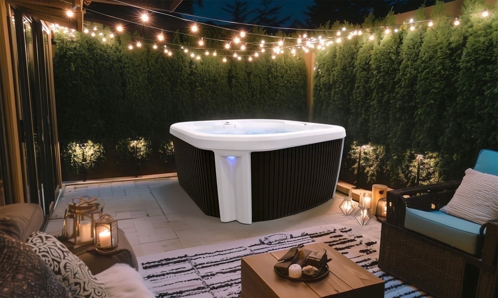 Spark 7‑Person 35‑Jet Plug & Play Hot Tub – 120V/240V, Stainless Steel Heater, Ozone System, Waterfall & LED Lighting (White/Mocha)