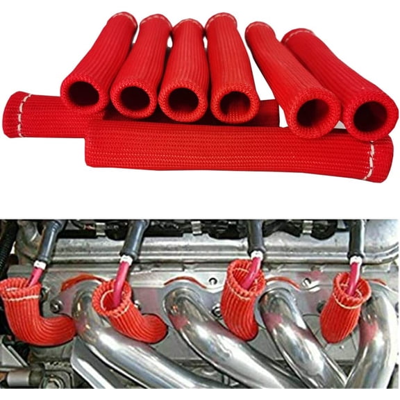 Spark Plug Wire Boots Thermal Protection Insulator Sleeve, 1200 Degree Heat shield Cover Wrap 6 inch for Car Truck 8PCS(red)