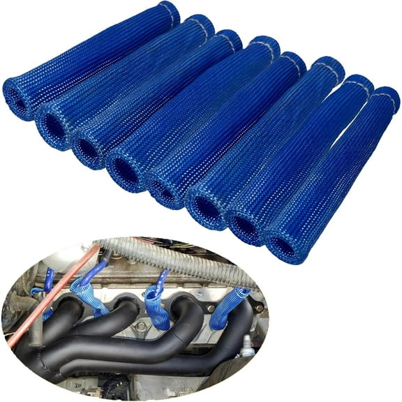 Spark Plug Wire Heat Shield 8PCS Spark Plug Boots Thermal Protection Sleeve 1200 Degree 6 inch Spark Plug Heat Cover Wrap for Car Truck (Blue)
