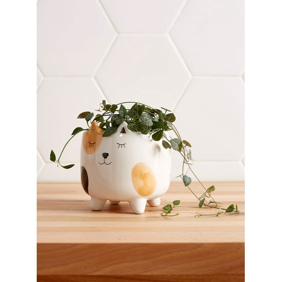SparkDazzle 4" x 4" Spotted Cat White Ceramic Plant Planter