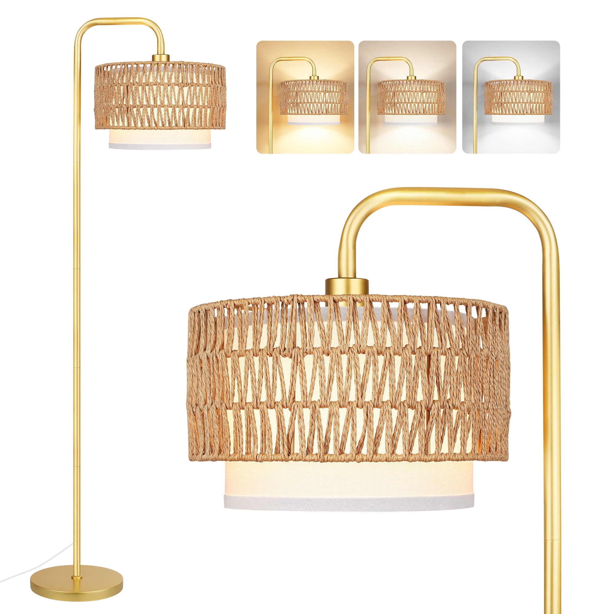 SparkGlowy Gold Floor Lamp with 3 Color Temperatures, Farmhouse Tall Lamp for Living Room, Boho Standing Lamp with Rattan & Fabric Shades