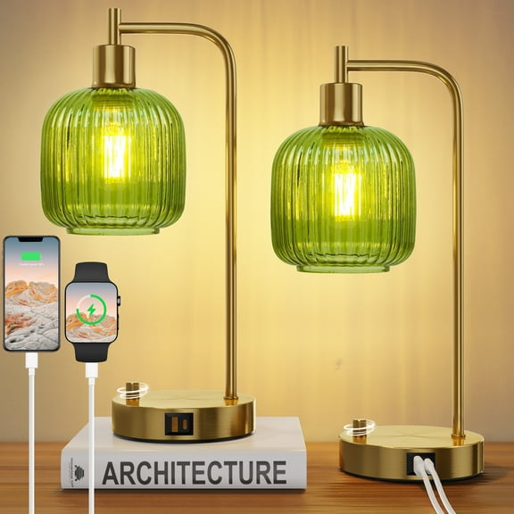 SparkGlowy Industrial Table Lamp for Bedroom Set of 2, Green Glass Beside Lamp with USB A&C Ports, Stepless Dimmable Gold Lamps, Nightstand Lamps for Living Room (Bulb Included)