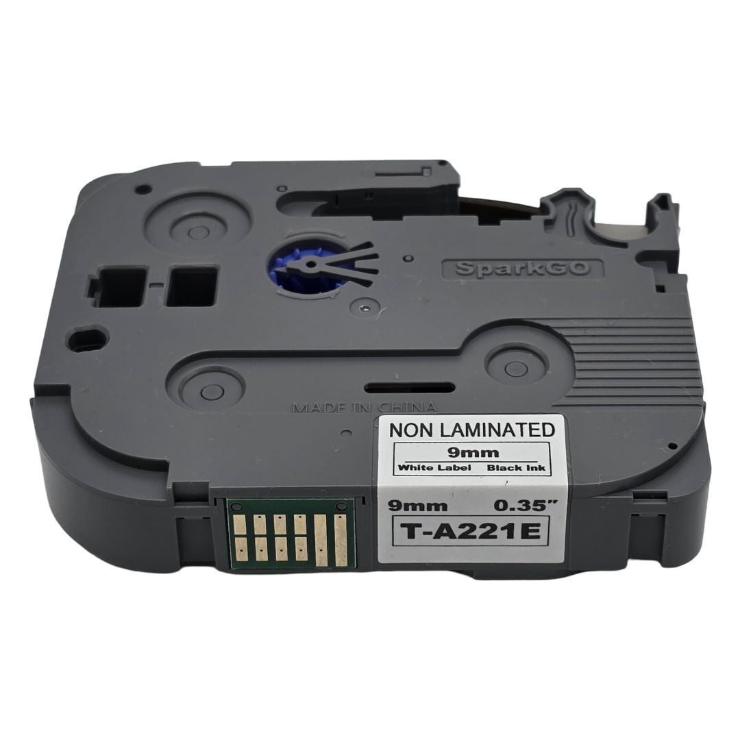 SparkGo Non-Laminated T-A221E 0.35-Inch x 26.2-Feet Black Ink White Label Tape