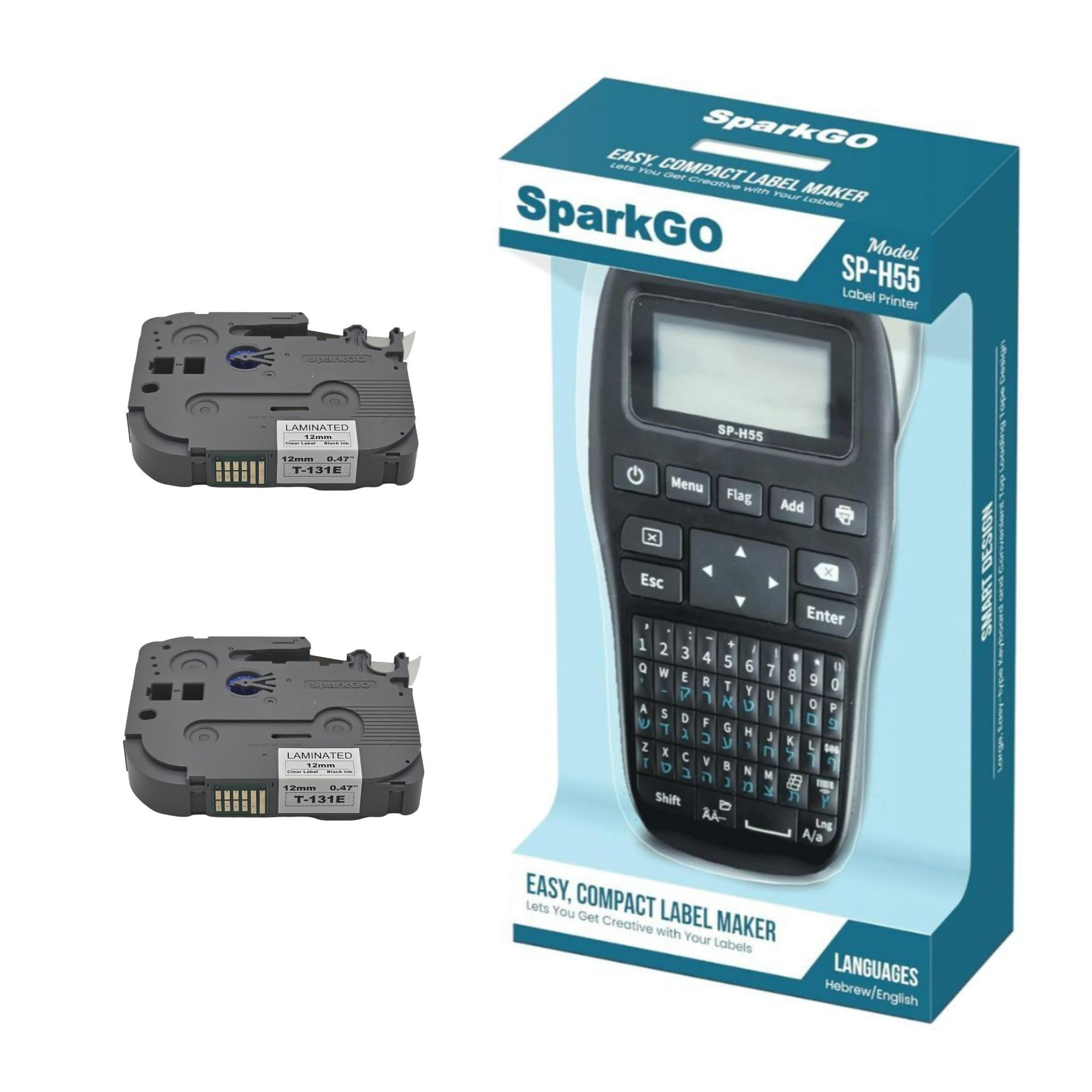 SparkGo SP-H55 Handheld Hebrew and English Label Maker (Black) Bundle with T-A231E Black Ink White Label Tape and T-131E Black Ink Clear Label Tape (3 Items)