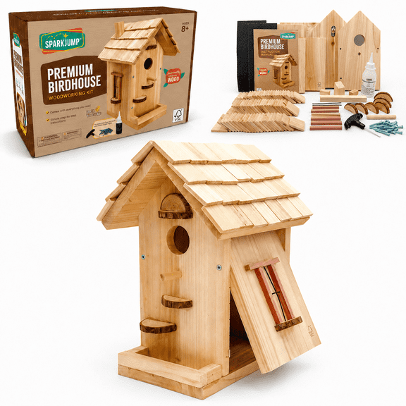 SparkJump Premium Wooden Birdhouse Kit, DIY Wood Bird House Craft Kit for Adults