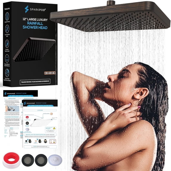 SparkPod 12" Rainfall Shower Head - Wall/Ceiling Mount - High Pressure, Anti-Clog, Easy Install (Oil-Rubbed Bronze)