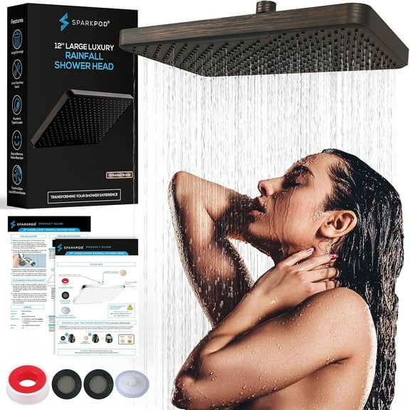 SparkPod 12" Rainfall Shower Head - Wall/Ceiling Mount - High Pressure, Anti-Clog, Easy Install (Oil-Rubbed Bronze)