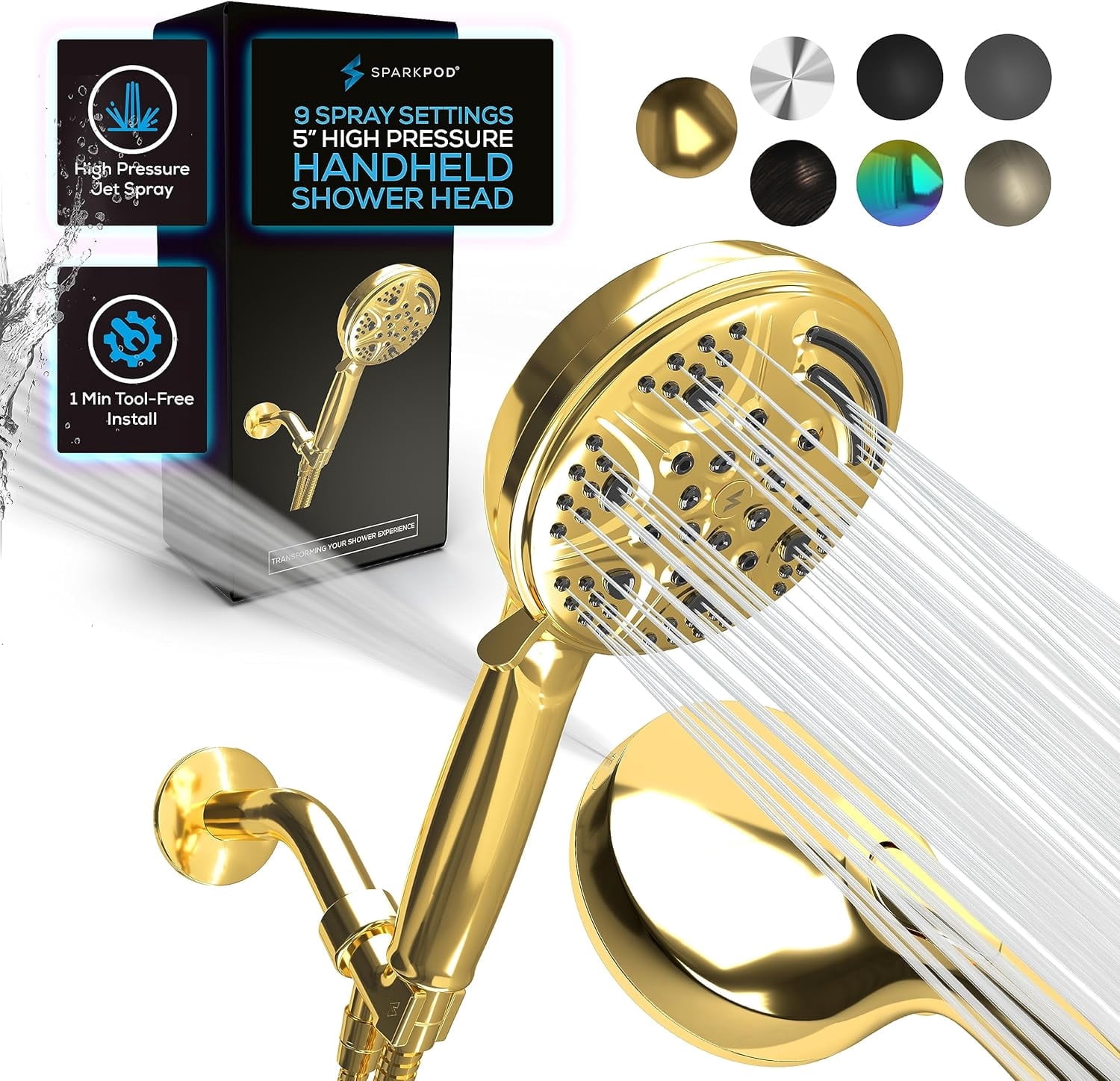 SparkPod Handheld Shower Head 5 Inch 9 Spray Settings With On/Off Switch (Egyptian Gold)