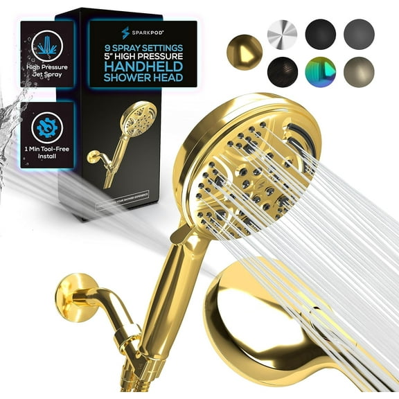 SparkPod Handheld Shower Head 5 Inch 9 Spray Settings With On/Off Switch (Egyptian Gold)